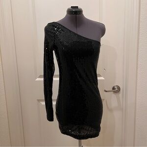 Pink Lipstick Elegant Black Sequin One-Shoulder Dress